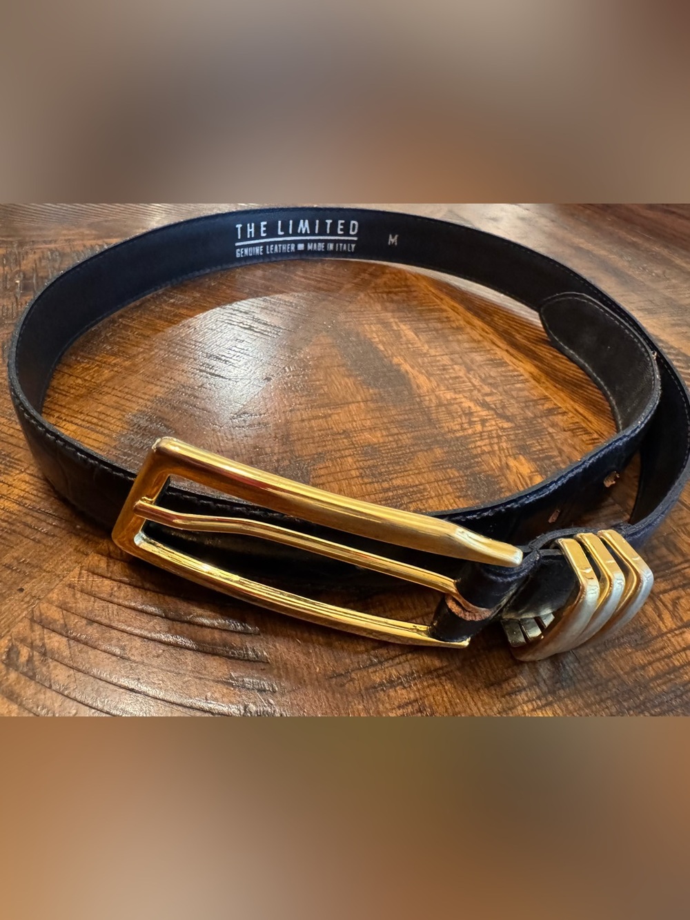 Vintage The Limited Black Leather Belt with Gold-Tone Buckle